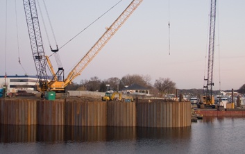 heavy lift dock, cellular wall, sheet pile cells, pile driving, river dock, industrial dock