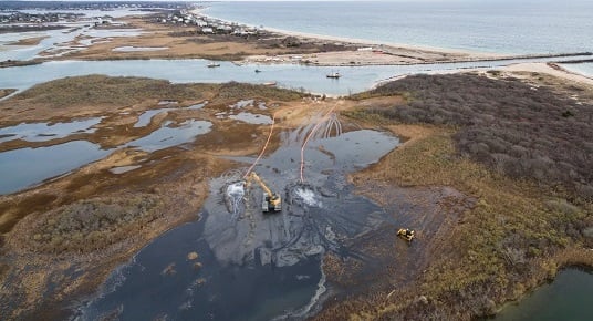 Ninigret Marsh Restoration Rhode Island Amphibious Excavation Equipment drone shot